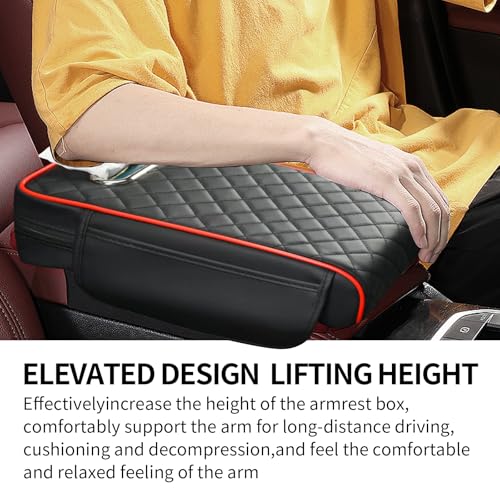 Car Center Console Cover, Leather Car Armrest Box Pad with Pocket and Tissue Box Arm Rest Cushion Universal Car Seat Box Cover Car Interior Accessories for SUV/Truck/Vehicle (Black+Red)