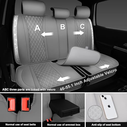 CAR PASS Gray Leather Bling Car Seat Covers Full Set, Luxury Microfiber Nappa PU Cushioned, Waterproof Anti-Slip Universal Fit for Auto SUV Sedan Sparkly Glitter Shining Rhinestone, Gray Diamond - color: Gray Diamond, size: Full Set
