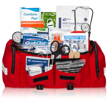 MFASCO Emergency Response GO First Aid Bag - 160 Pcs EMT Trauma Kit, First Responder Medical Bag, Deluxe Stocked Kit with Tourniquet, Sprague Stethoscope, Pressure & Bleeding Control Dressings