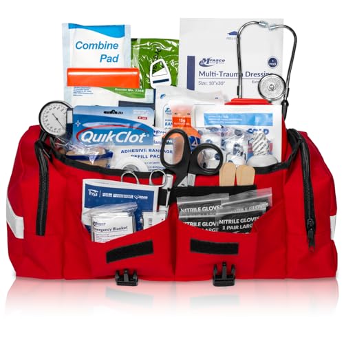 MFASCO Emergency Response GO First Aid Bag - 160 Pcs EMT Trauma Kit, First Responder Medical Bag, Deluxe Stocked Kit with Tourniquet, Sprague Stethoscope, Pressure & Bleeding Control Dressings