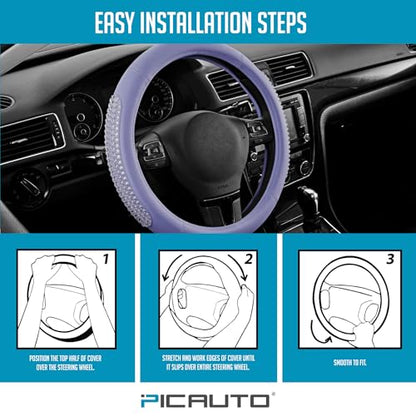 PIC AUTO Steering Wheel Cover, Glitter Gel Particles & Purple Luxury Leather Car Steering Cover, Universal Fit 14.5"-15.5" Anti-Slip Car Wheels Cover for Girls & Women - color: Purple
