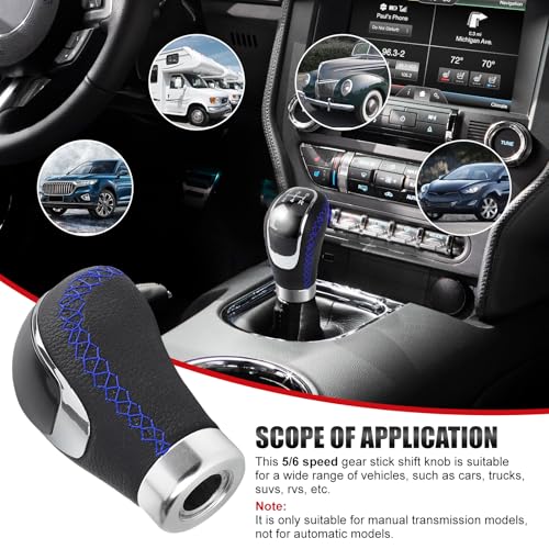 Universal 5/6 Speed Leather Car Racing Gear Shift Shifter knob,Artificial Leather and ABS Black Stitching Shift Knob with 4 Adapters,Replaceable 3 Gear Position Pastors(Black+Blue Line) - color: 5/6 Speed Leather(Black+Blue Line)