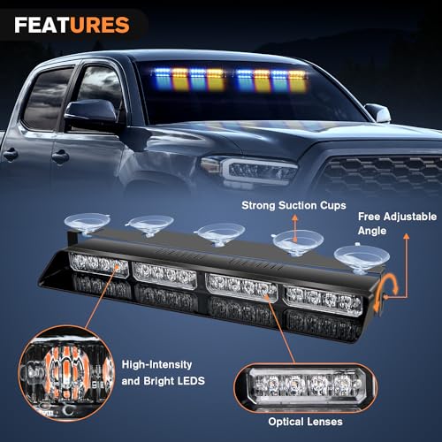 Nilight 32LED Amber Blue Emergency Dash Strobe Lights with Controller Suction Cups Warning Hazard Interior Front/Rear Windshield Deck Split Light Bar for Trucks Construction Vehicles - color: Amber and Blue
