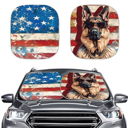 American Flag Car Front Windows Sunshade German Shepherd Automotive Windshield Sun Shade 2 Pieces Auto Shade Reflective Car Sunshade UV Rays Protection - color: American Flag and German Shepherd