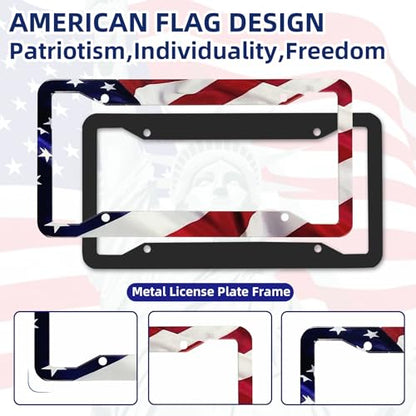 LIN KANG American Flag License Plate Frame Holder - 2 Pack Universal Aluminum Matte Stripe US Flag Gloss Patriotic Car Plate Frame Covers with Free Screws Fasteners Caps - color: Matte American flag B