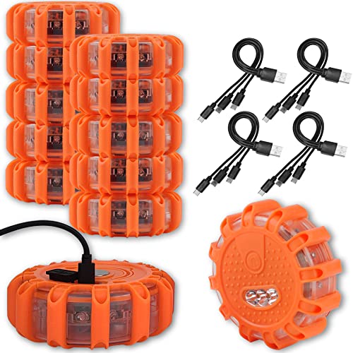 Ecoangel USB Rechargeable LED Road Flares Emergency Lights-Roadside Warning Car Safety Beacon Flashing Disc Flare Kit with Magnetic Base for Vehicles & Boat | 12 Beacon Disc Pack - color: 12