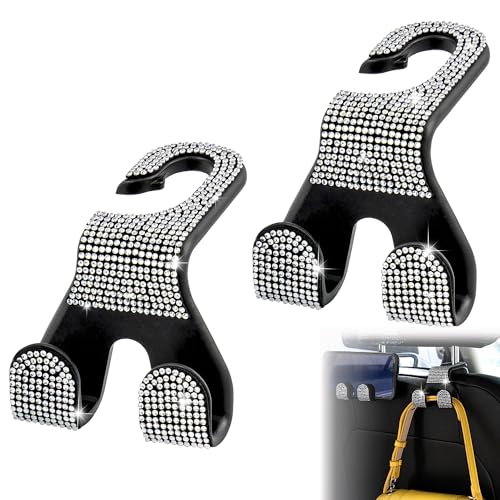 Bling Car Purse Hooks 2Pcs, Durable Car Headrest Hook, Holds 44Lbs, Double-Hooks, Wide-Opening, Rhinestone Automobile Purse Hangers Holder, Bling Car Accessories for Women, White - color: Bling White