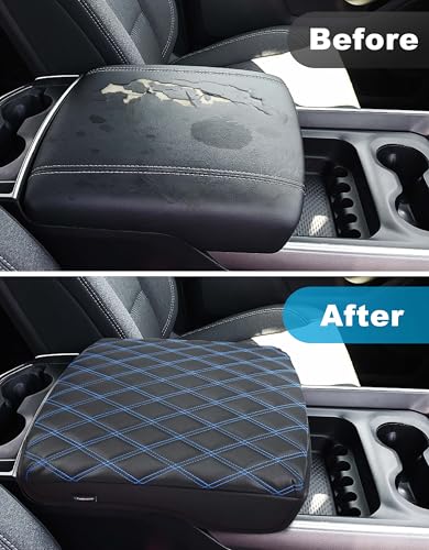 Center Console Cover for Dodge Ram 1500 2019-2026, Bucket Seat, Vinyl Leather Interior Accessories, Car Armrest Cushion Pad, Anti-Scratch, Black-Blue Stitch - color: black-blue stitch