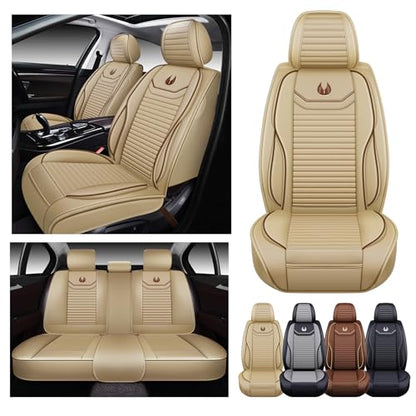 OASIS AUTO Car Seat Covers Full Set Premium Waterproof Full Coverage Faux Leather Luxury Universal Fit for SUV, Sedan, Pick-up Truck, Premium Interior Protectors (OD-008 Tan) - color: Tan