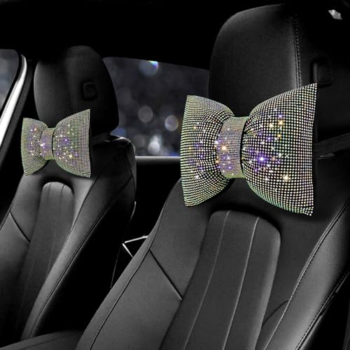 surpassme 2PCS Rhinestone Car Headrest Neck Pillow for Driving with Bling Bling Crystal Bow Pillow Car Accessories for Women (Color) - color: 2 Color Pillows