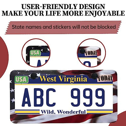 Patriotic American Flag License Plate Frame Holder - 2 Pack Universal Aluminum Matte Stripe US Flag Gloss Car Plate Frame Covers with 2 Holes and Free Screws Fasteners Caps - color: Matte American flag Narrow side A