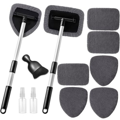 Qydipclin 11pcs Windshield Cleaner Tool, Car Window Cleaning Wash Kit with 6 Reusable Microfiber Pads 2 Spray Bottles and Extendable Handles Auto Glass Wiper Kit, Gray - color: Gray