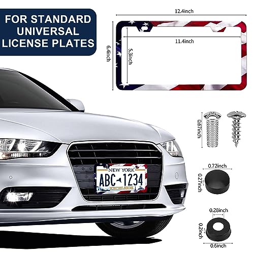 LIN KANG Patriotic American Flag License Plate Frame Holder - 2 Pack Universal Aluminum Matte Stripe US Flag Gloss Car Plate Frame Covers with 2 Holes and Screws Fasteners Caps - color: Matte American flag Narrow side E