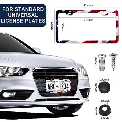 LIN KANG Patriotic American Flag License Plate Frame Holder - 2 Pack Universal Aluminum Matte Stripe US Flag Gloss Car Plate Frame Covers with 2 Holes and Screws Fasteners Caps - color: Matte American flag Narrow side E