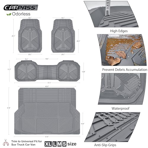CAR PASS Heavy Duty Rubber Car Mats with Cargo Liner, Deep-Dish Car Floor Mats and Trunk Mat All Weather, Universal Trim-to-Fit for SUVs Trucks Sedans, Waterproof Anti-Slip, Trimmable V12 Gray - color: Gray Full Set
