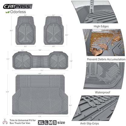 CAR PASS Heavy Duty Rubber Car Mats with Cargo Liner, Deep-Dish Car Floor Mats and Trunk Mat All Weather, Universal Trim-to-Fit for SUVs Trucks Sedans, Waterproof Anti-Slip, Trimmable V12 Gray - color: Gray Full Set