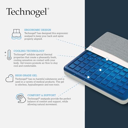 Technogel Cooling Seat Cushion – Memory Foam Gel Seat Pad for Office Chair, Car Seat, Airplane – Sciatica, Hip & Coccyx Pain Relief – Ergonomic Cooling Cushion for Long Sitting – 16x16 Inches