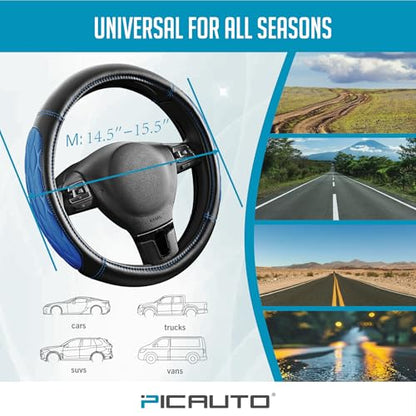 PIC AUTO Steering Wheel Cover, Blue Thick Rhombic Foam and Premium Leather, Universal 14.5-15.5 Inch Breathable Anti-Slip Steering Wheels Accessories for Men & Women - color: Blue