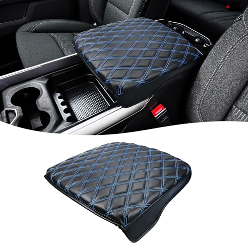 Center Console Cover for Dodge Ram 1500 2019-2026, Bucket Seat, Vinyl Leather Interior Accessories, Car Armrest Cushion Pad, Anti-Scratch, Black-Blue Stitch - color: black-blue stitch