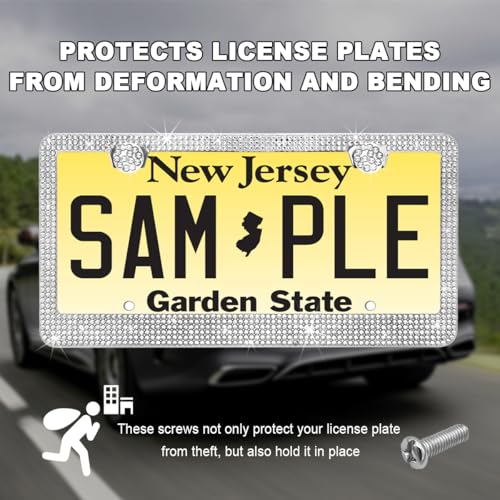 DXNQ Bling License Plate Frame, Sparkly Rhinestone Diamond License Plate Cover with Crystal Screws Caps, Glitter Crystal Stainless Steel License Plate Holder for Women, Car Accessories (White) - color: White