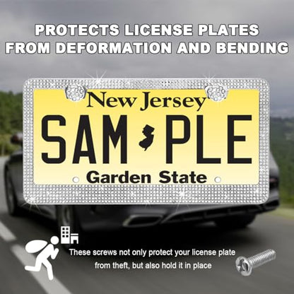 DXNQ Bling License Plate Frame, Sparkly Rhinestone Diamond License Plate Cover with Crystal Screws Caps, Glitter Crystal Stainless Steel License Plate Holder for Women, Car Accessories (White) - color: White