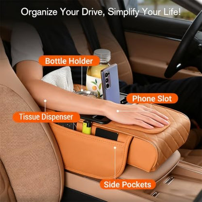Multifunctional Pu Leather Car Armrest Box Mat, 2026 New Center Console Cover with Cup Holder, Storage Bags, Tissue Boxs Slot, Phone Slot Car Armrest Storage Box Organizer for Most Cars