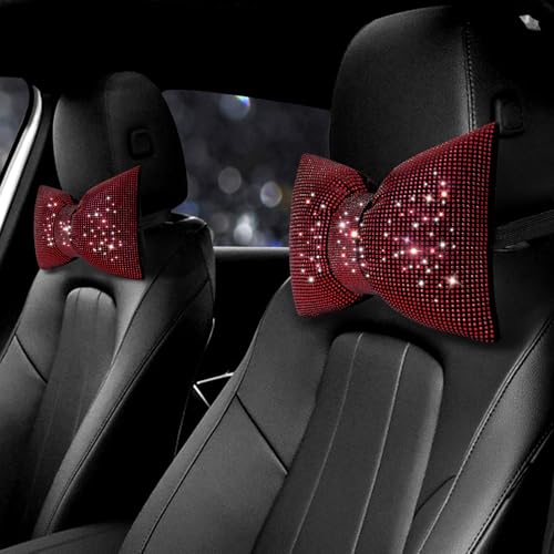 surpassme 2PCS Rhinestone Car Headrest Neck Pillow for Driving with Bling Bling Crystal Bow Pillow Car Accessories for Women (Red) - color: 2 Red Pillows