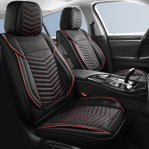 HChengkikz Nappa Leather Car Seat Covers Front Seats, Car seat Protector, Waterproof Car Seat Cushion, Universal Automotive Seat Covers Fit for SUV Truck Pick-up Sedan and Most Cars - color: Style1 Black+Red, size: Front Seat