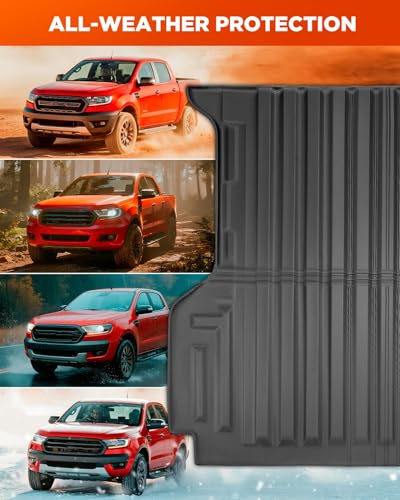 Full Set Car Truck 5FT Bed Mat & Floor Mats for Ford Ranger SuperCrew Cab: 2024-2026 All-Weather Mats for XLT Raptor Lariat XL with 5ft TPE Trunk Bedmat, Anti-Slip Waterproof Protection Accessories