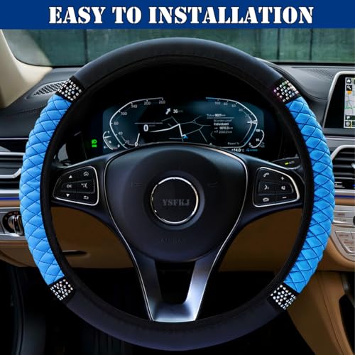 Soft Leather Car Steering Wheel Cover, Universal 15 Inch Colorful Rhinestones Anti-Slip Elastic Steering Wheel Covers for Most Cars, Sparkly Crystal Diamond for Women Girls (Blue) - color: Blue