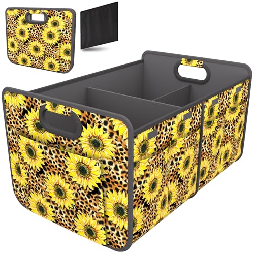 Homeve Trunk Organizer, Car Storage, Reinforced Handles, Collapsible Multi-Compartment, Foldable, Waterproof, Sturdy, 600D Oxford Polyester For Car, SUV, Mini-Van, Sunflower Leopard Print, 2 Compart - color: Sunflower Leopard Print, size: 2 Compart