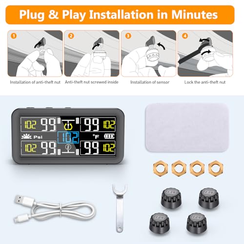 GEARGO 𝟐𝟎𝟐𝟔 𝐔𝐩𝐠𝐫𝐚𝐝𝐞𝐝 Tire Pressure Monitoring System, TPMS with Solar & USB-C Dual Charging, 4 External Sensors (0–99 PSI), 6 Alarm Modes, Color LCD Display for RV/Trailer/Truck/SUV