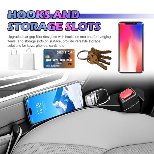 2PCS 3-in-1 Car Seat Gap Filler Organizer with Hooks & Storage Slots,Car Gap Seat Filler Console Catcher for Gaps Filling & Item Storage,Universal in Between Cars Seats Catcher