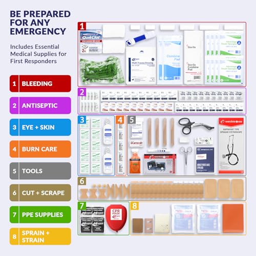 MFASCO Emergency Response GO First Aid Bag - 160 Pcs EMT Trauma Kit, First Responder Medical Bag, Deluxe Stocked Kit with Tourniquet, Sprague Stethoscope, Pressure & Bleeding Control Dressings