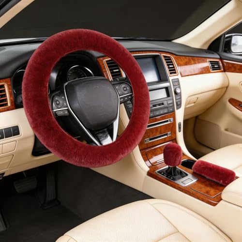 1 Set 6 Pcs Fluffy Car Steering Wheel Cover & Seat Belt Shoulder Pads & Handbrake Cover & Gear Shift Cover Set & Seat Belt Shoulder Pads Faux Wool Universal Fit Car Interior Accessories (Wine Red) - color: Wine Red