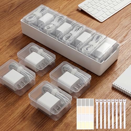 8 Individual Cable Organizer Boxes With Base, Cord Storage Organizer With Labels And Cable Straps For Charging Cables, Adapters, Earphones And Small Electronic Accessories