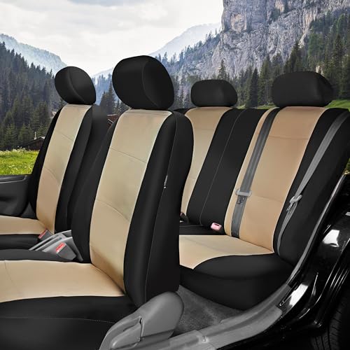 FH Group Waterproof Neoprene Car Seat Covers Full Set – Universal Fit Front & Split Bench Rear Seat Covers, Airbag Compatible Automotive Seat Protectors for Cars, SUVs,Vans, Beige - color: Beige, style: Full Set