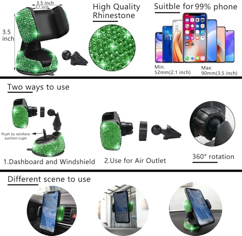 NBTEPEM 27 PCs Green Bling Car Accessories Set for Women, Steering Wheel Covers Universal Fit 15 Inch, Bling License Plate Frame, Bling Phone Holder, Bling Car Coasters (Green Diamond) - color: Green Diamond