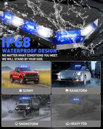 HLauto 406D Rooftop Emergency Strobe Lights Bar, 102 LED Blue White Mini Beacon Safety Flashing Warning Traffic Lights Bar w/Magnetic Base for 12-24V Trucks, Construction Vehicles, Snowplow, Cars - color: Blue/White