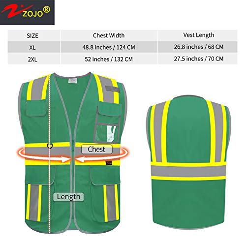 zojo High Visibility Safety Vest, 5PCS,Reflective with Multi-Functional Pockets and Zipper,for Men Women work(Green-Strip) - color: Green-strip