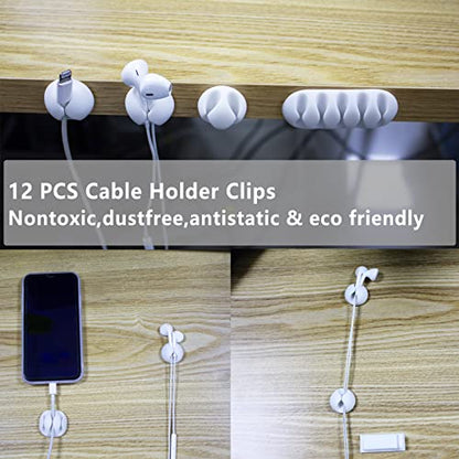 White Cable Management Organizer Kit 4 Cable Sleeve Split,47Cable Clips 12Cord Clips Holder,22 Cable Ties, 20 Adhesive Wall Cable Tie, 200Fasten Cable Ties for TV Electronics - size: 322 PCS