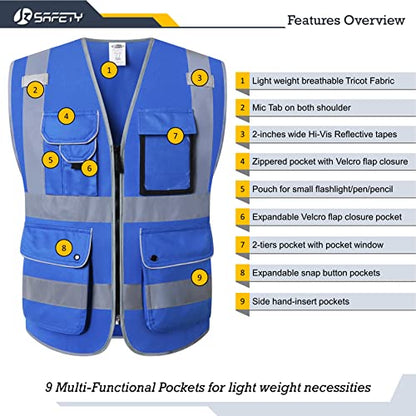 JKSafety 9 Pockets High Visibility Zipper Front Safety Vest With Reflective Strips Meets ANSI/ISEA Standard (150Blue-M) - color: Blue, size: Medium