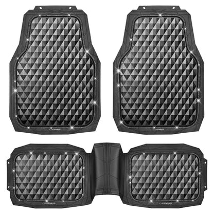 CAR PASS Bling Diamond Rubber Car Mats, Heavy Duty Deep Dish All-Weather Floor Mat Full Set Anti-Slip 3D Rhombus Waterproof Trim to Fit Liner Universal Glitter Sparkly Shining Rhinestone, 3 Pcs Black - color: Black Diamond