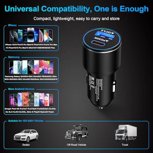 48W USB C Car Charger, All Metal 12V USB Outlet PD & QC 3.0 Fast Charge iPhone Car Charger Adapter Type C Flush Fit Car Plug for iPhone 17 16e 16 15 14 13 12 11 Pro Max SE XR,Samsung S26 S25 S24 A17