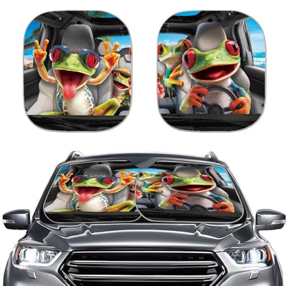 2 Piece Windshield Sun Shade Funny Frog Windshield Sunshade Sun Visor Protector Sun Reflector Blocks UV Sun and Keeps Your Vehicle Cool - color: Funny Frog Printed