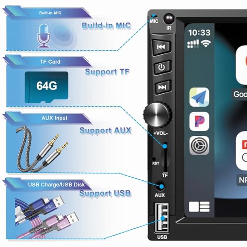 Wireless Double Din Car Stereo Works with Apple Carplay,7 Inch HD 1024 * 600 Touchscreen with Bluetooth 5.1,FM Car Radio,GPS Navigation,Backup Camera,Android Auto,Voice Control,USB/AUX/TF/SWC