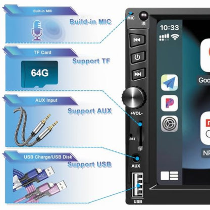 Wireless Double Din Car Stereo Works with Apple Carplay,7 Inch HD 1024 * 600 Touchscreen with Bluetooth 5.1,FM Car Radio,GPS Navigation,Backup Camera,Android Auto,Voice Control,USB/AUX/TF/SWC
