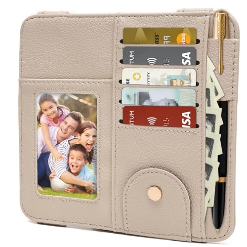 Visor Organizer, Apricot Sunglass Holder For Car, Sunvisor Organizers with Multiple Pockets and Picture Frame, Essential Car Interior Accessories for Women and Men - color: Apricot