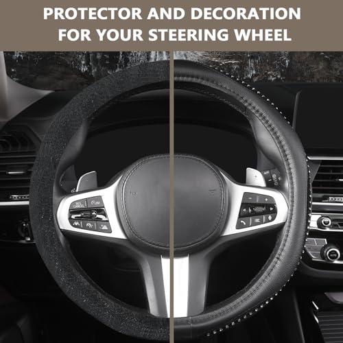 AUTOYOUTH Bling Steering Wheel Cover - Crystal Studded Rhinestone Non-Slip Breathable Design for Women/Girls, Universal Fit 14.5-15 Inch Black - color: BLACK