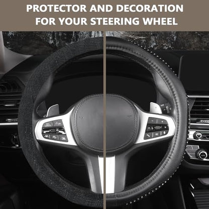 AUTOYOUTH Bling Steering Wheel Cover - Crystal Studded Rhinestone Non-Slip Breathable Design for Women/Girls, Universal Fit 14.5-15 Inch Black - color: BLACK
